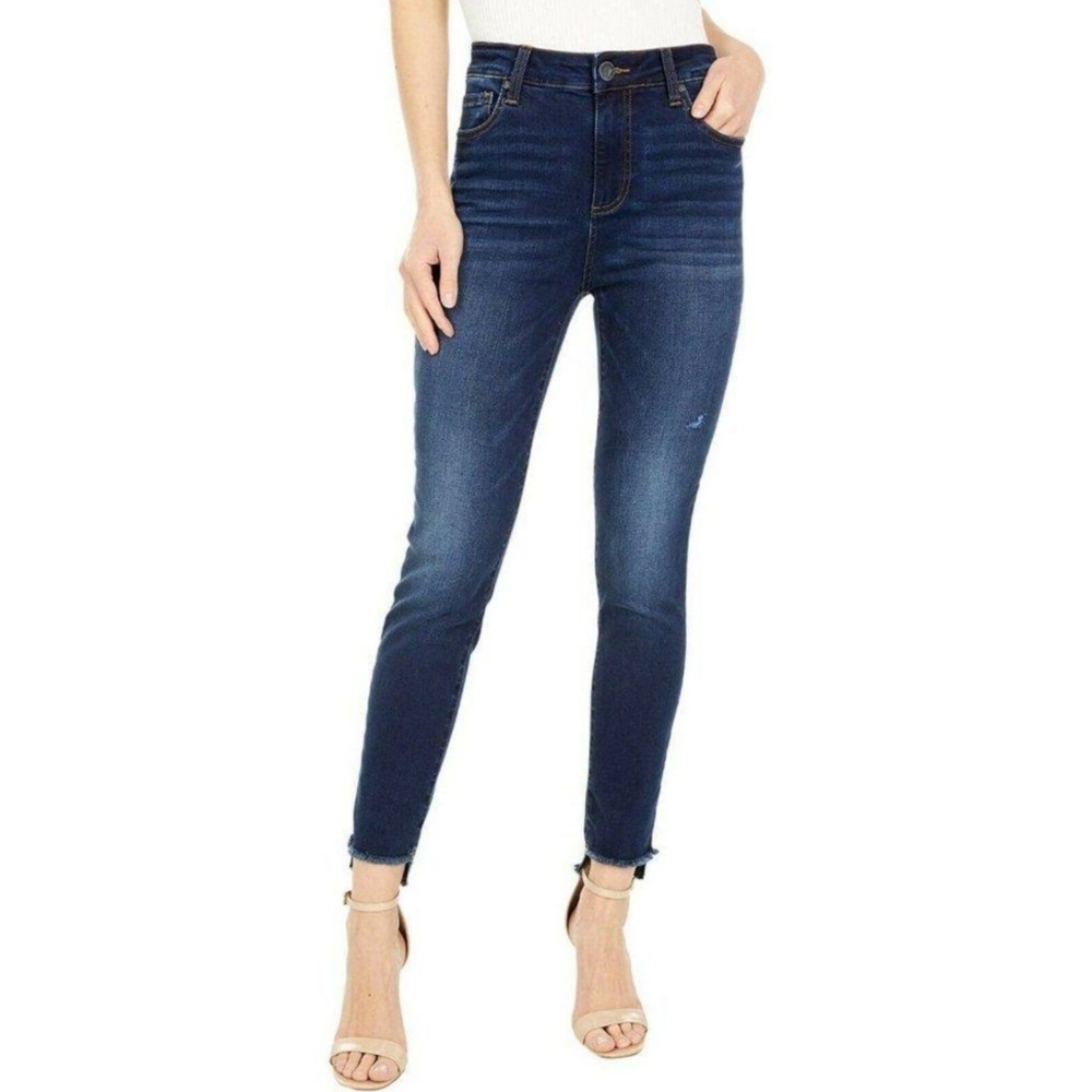 Kut from the Kloth Connie Ankle Skinny Raw Frayed High Low Hem Mid Rise Jeans